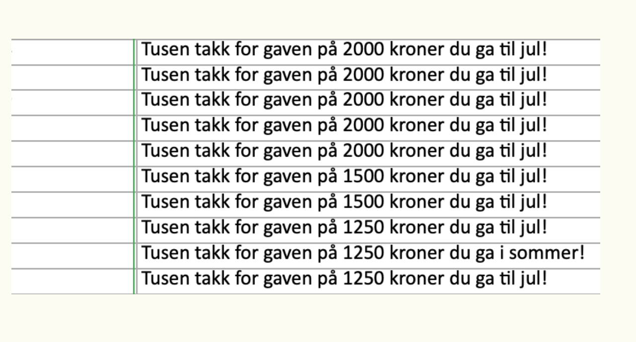 Skjermbilde av et excelark, med en kolonne. I den står tekster som "Tusen takk for gaven på 2000 kroner du ga i fjor sommer". 